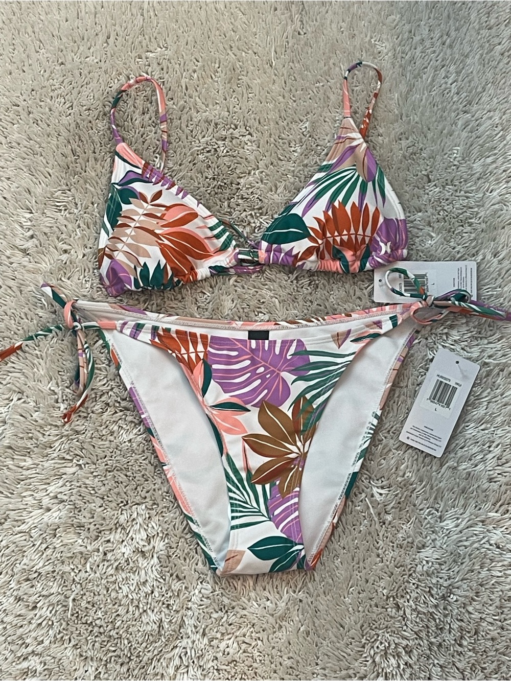 NWT Hurley Tropical Leaf Bikini Set - White w/Multicolor Leaf Print Sz L